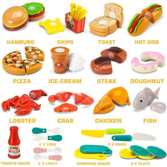 42 Items 87 Pcs Cutting Play Food Toy for Kids Kitchen Set,Pretend Cooking Set - Picture 3 of 7